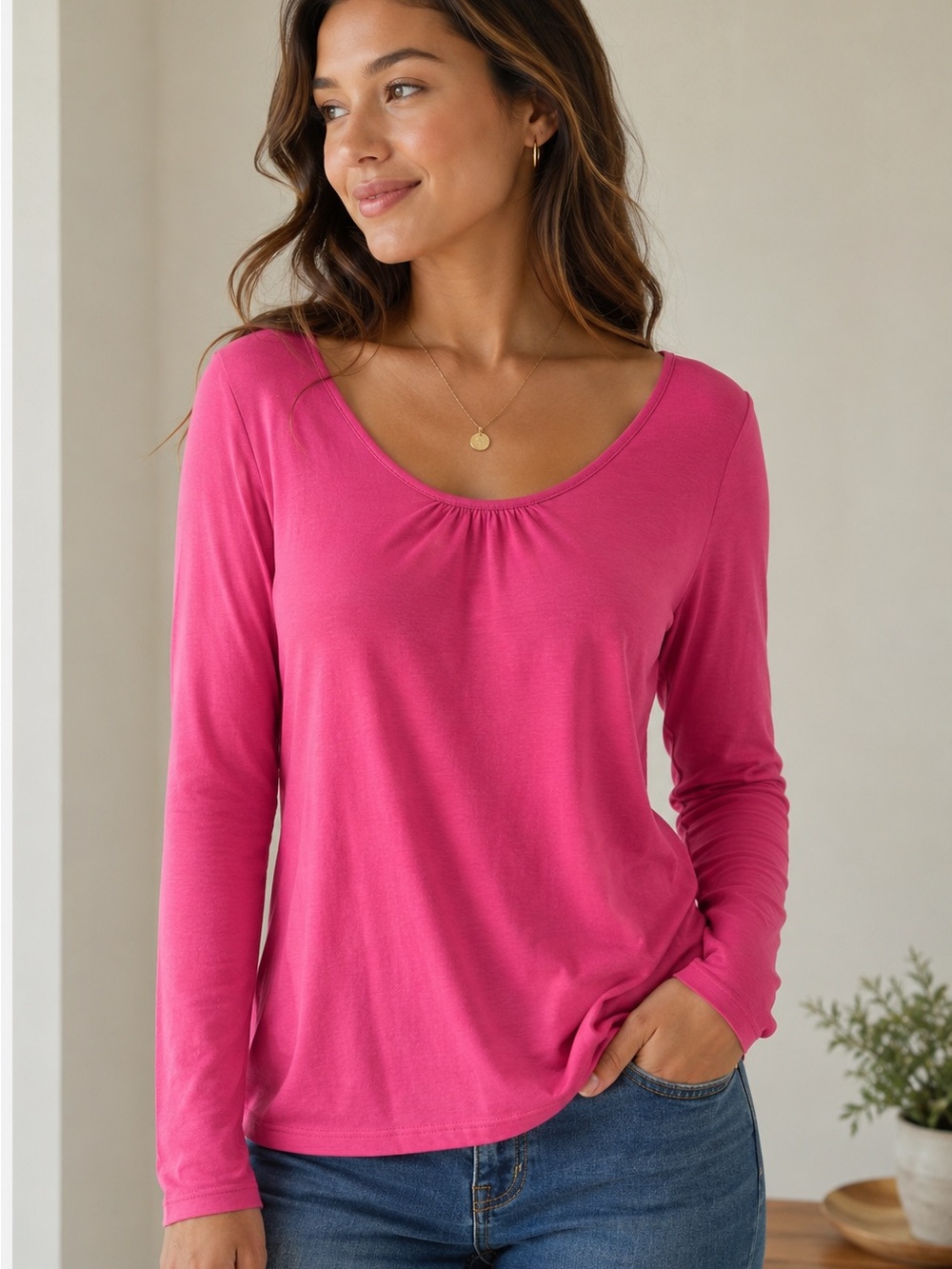 L.L. Bean Women's Scoop-Neck Long Sleeve Top - Hot Pink, Pima Cotton